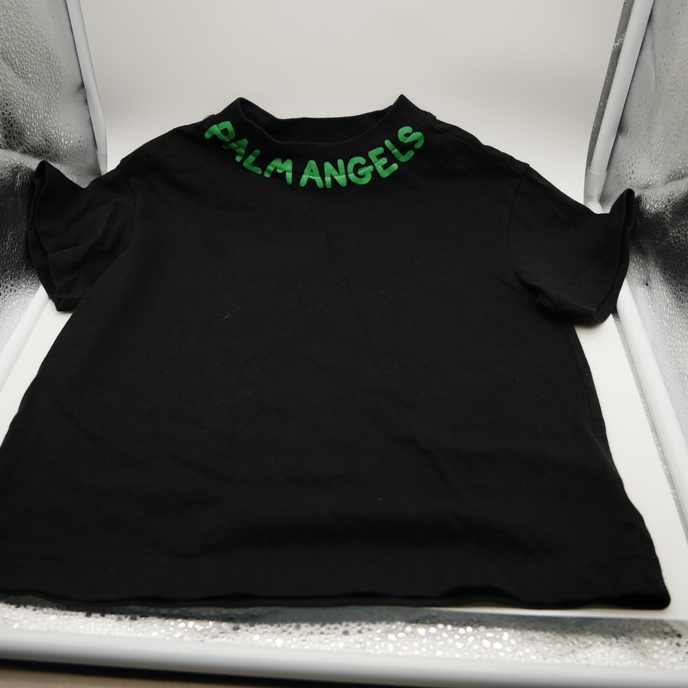 Palm Angels Kids Black T-Shirt Green Logo Neckline PBAA003S25JER004 Size 4 Years
